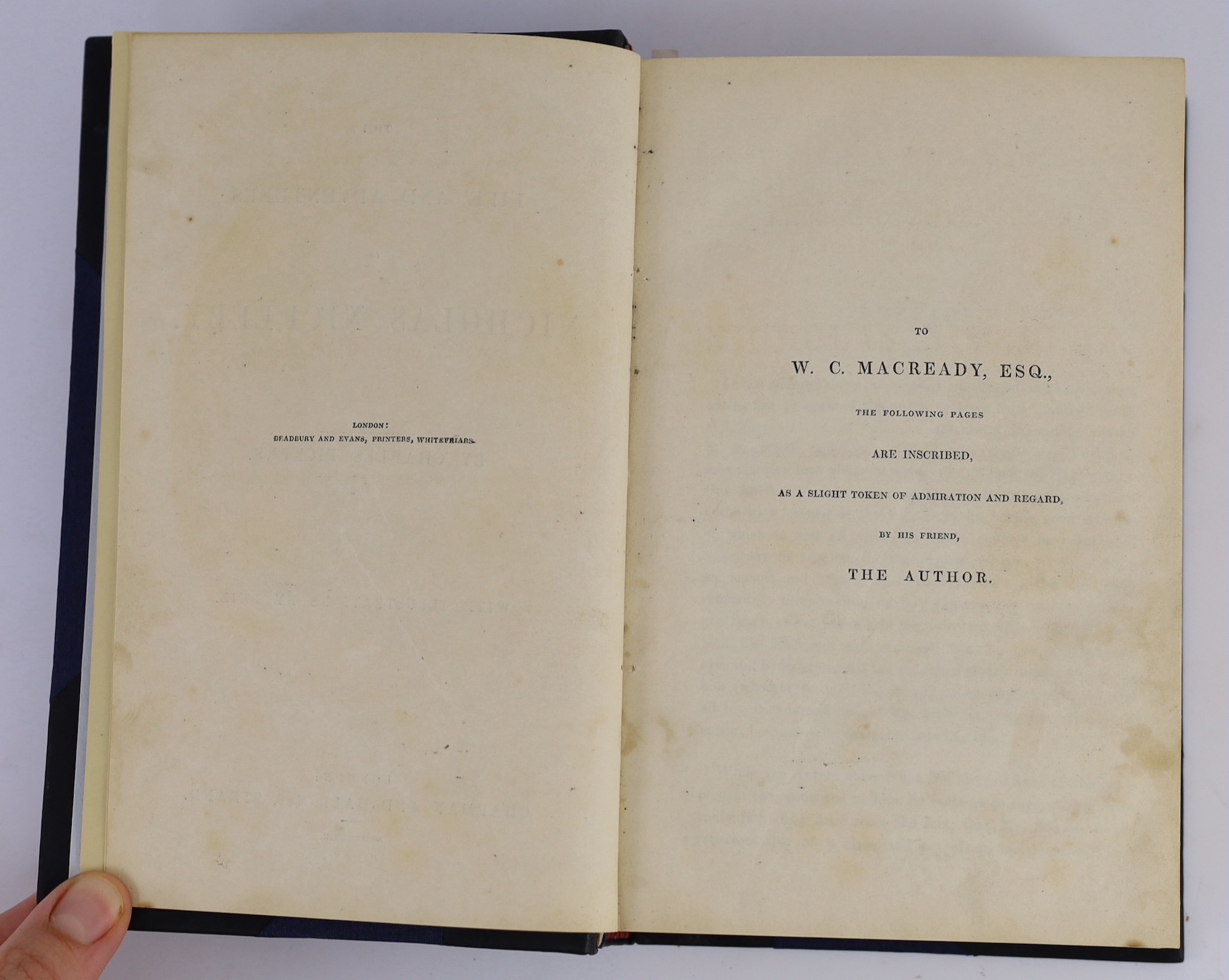 Dickens, Charles - Nicholas Nickleby, 1st edition in book form, 1st state, stab holes present, 8vo, later black calf with blue cloth boards, illustrated with 39 plates by Halbot K.Browne (‘’Phiz’’), neat repair to torn p